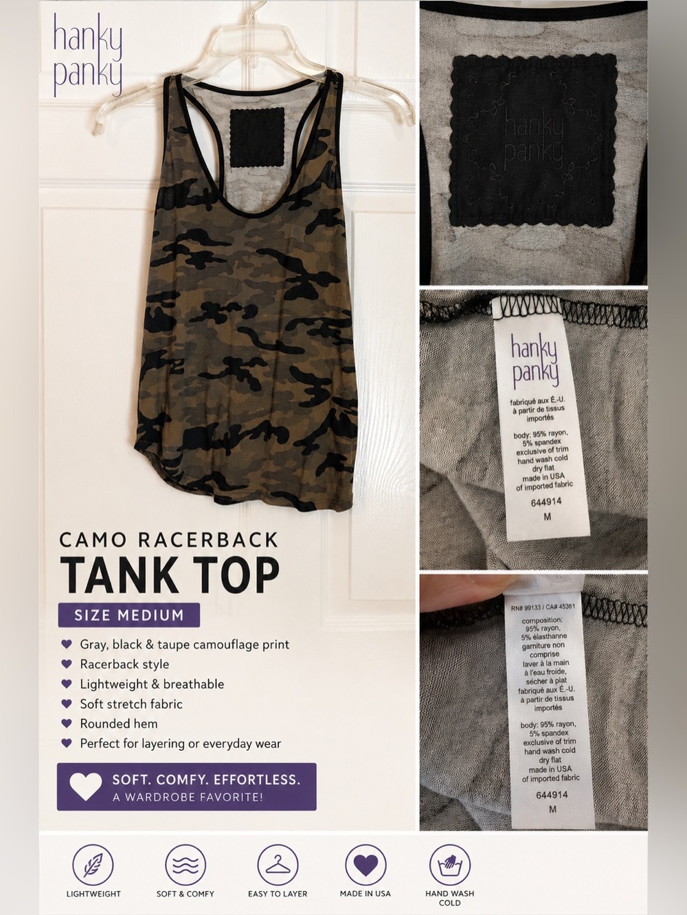 Hanky Panky Camo Racerback Tank Top Medium Gray Black Camouflage Rayon